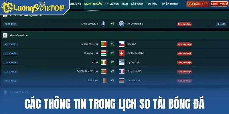 Các thông tin trong lịch so tài bóng đá