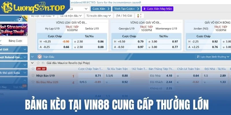 Bảng kèo tại Vin88 cung cấp thưởng lớn